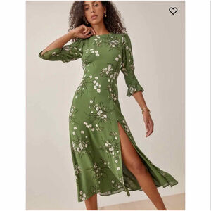 Reformation NEW Carolena Lomita Midi Dress Green Floral Puff Smocked Sleeves 2